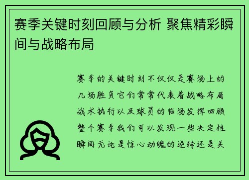 赛季关键时刻回顾与分析 聚焦精彩瞬间与战略布局